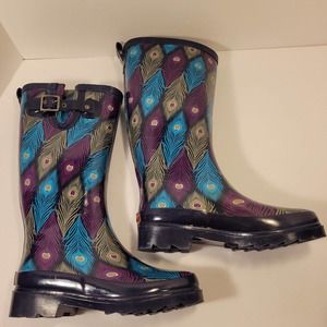 Chooka Peacock Wave Rain Boot Women's Size 5 Purple Teal Yellow Navy